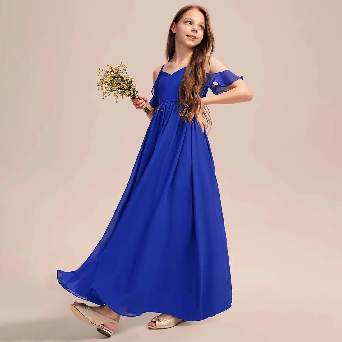 YZYmanualroom Chiffon Junior Bridesmaid Dress A-line Cold Shoulder Floor-Length 2-15T