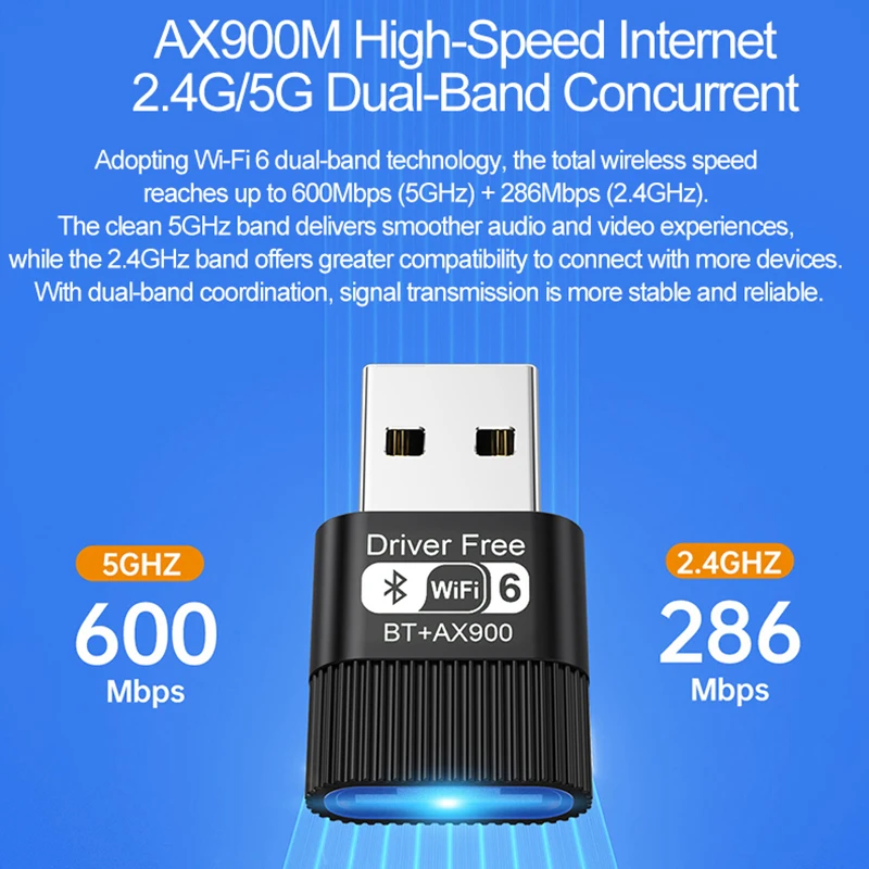 WANJEED AX900 USB WiFi 6 Bluetooth 5.4 Adapter 2in1 Dongle Dual Band 2.4G&5GHz Network Wireless Wlan Receiver DRIVER FREE