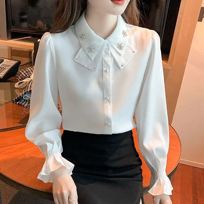 Spring Autumn Women's White Shirt 2026 New Woman Crystal Beading Chiffon Shirt Female Elegant Blouses Ladies Top Women Clothing