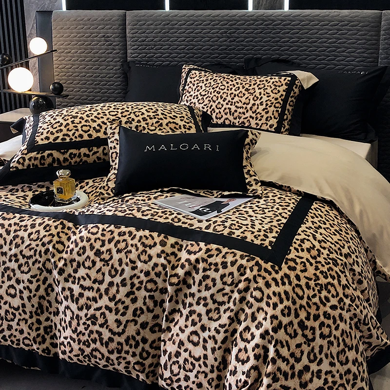 100S Lyocell Cotton Brushed Bedding Set, Sexy Leopard Print, Luxury Duvet Cover Set, Bed Sheet, Pillowcases, Soft Silky Bed Sets