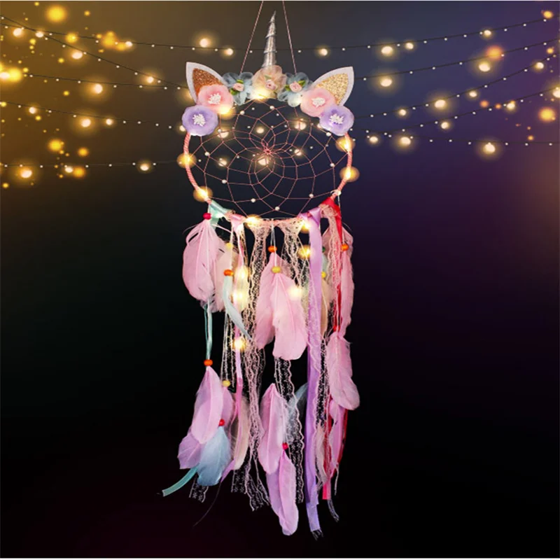 Pink LED Light Unicorn Dreamcatcher Ornament For Girls Boho Room Decor Bedroom Unicorn Macrame Dreamcatcher Hanging Pendant