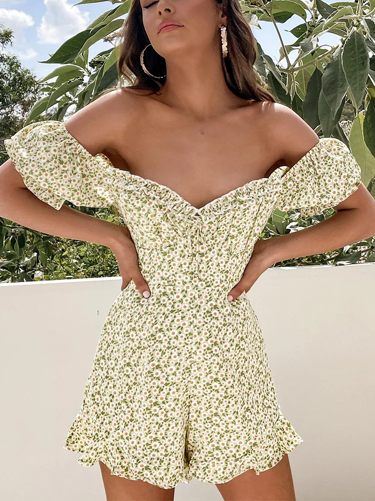 

Rompers Womens Jumpsuit Shorts Summer Ruffle Trim Floral Print Romper Sweetheart Neck Short Puff Sleeve Beach Playsuit Jumpsuits