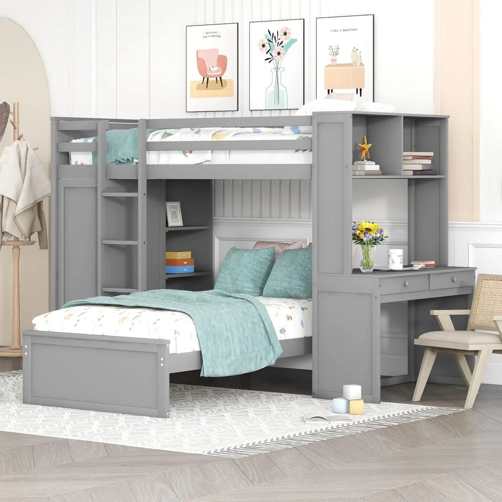

Loft Bed with Desk and Wardrobe Twin Over Twin Loft Bunk Beds Frame with Storage Drawers and Bookcase Wood All in One Beds