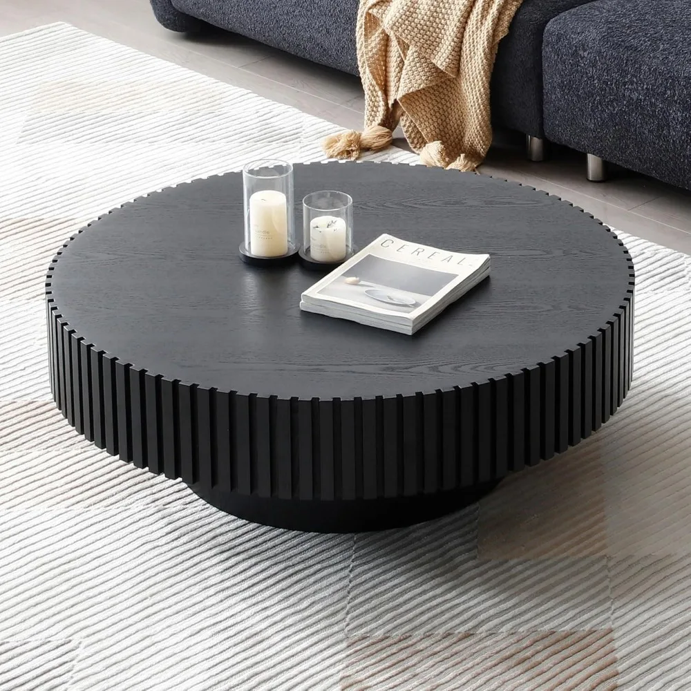 Modern Farmhouse Style 39.4 Black Coffee Table - Walnut Living Room Drum Table with Handcrafted Carved Accents