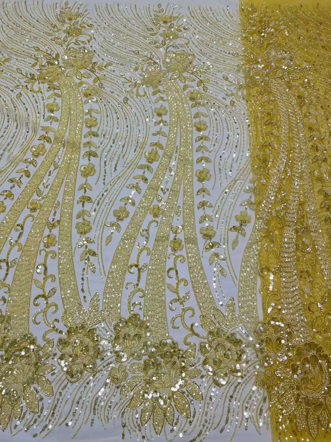 Yellow Color Heavy Material French Lace Fabric 19H-7275 Embroidered African Net Mesh with Sequins and Beads For Lady Party Dress