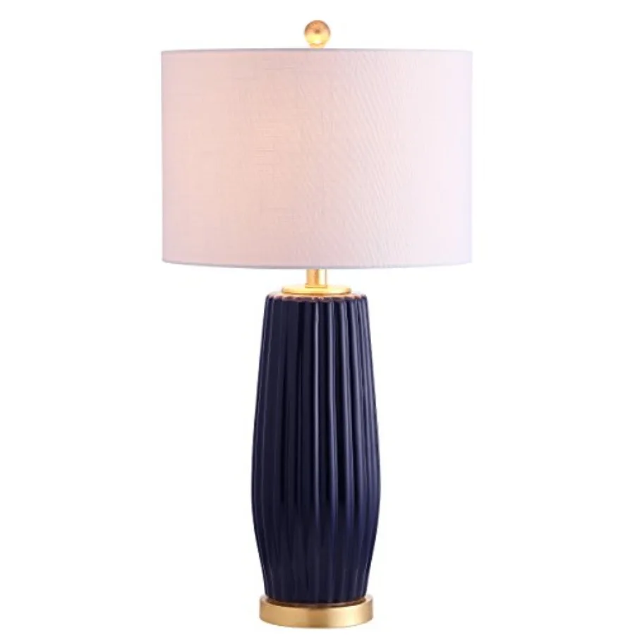 

28.5" Blue Modern Ceramic Table Lamp for Living Room Bedroom, Fluted Bedside Nightstand Lamp with White Linen Shade, Gold Base,