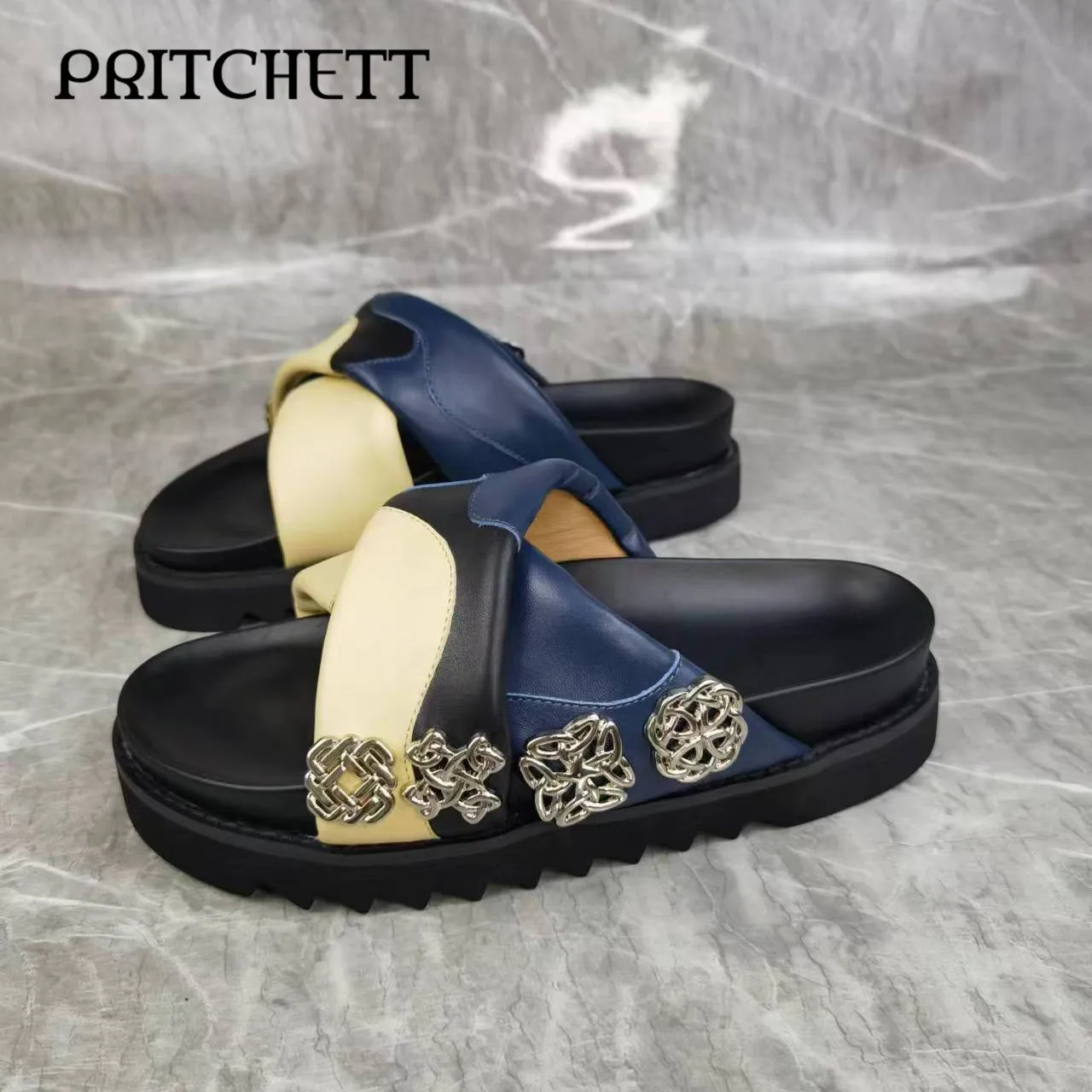 Silver Metal Buckle Platform Slippers Color Matching Cross Strap Open Toe Round Toe Slipper Fashion Casual Women's Shoes