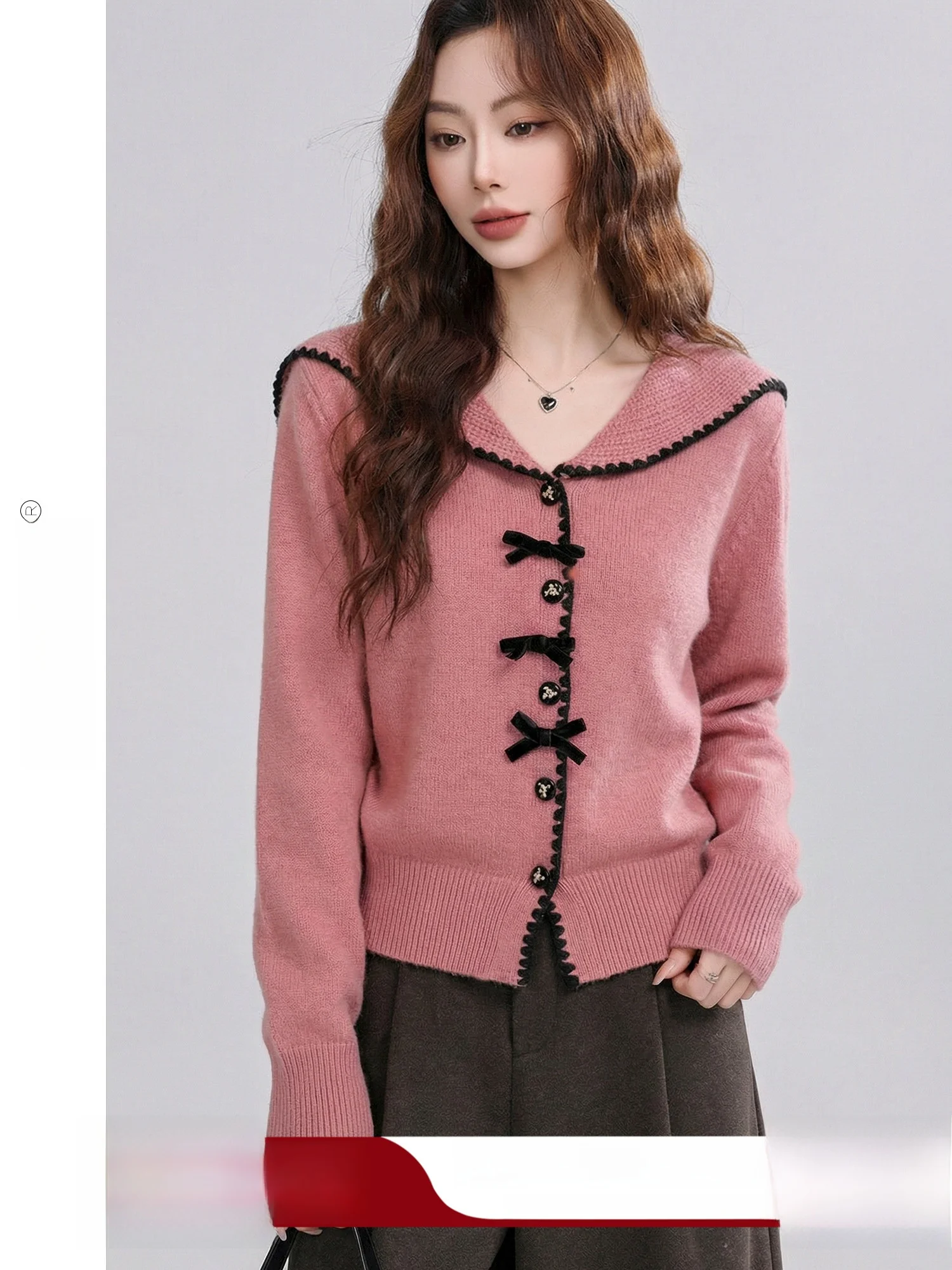 

Yuxian Sweet Mist Navy Collar Knitted Sweater Women's Fashion Vintage Style Long Sleeve Loose Fit Cardigan Soft Acrylic Blend