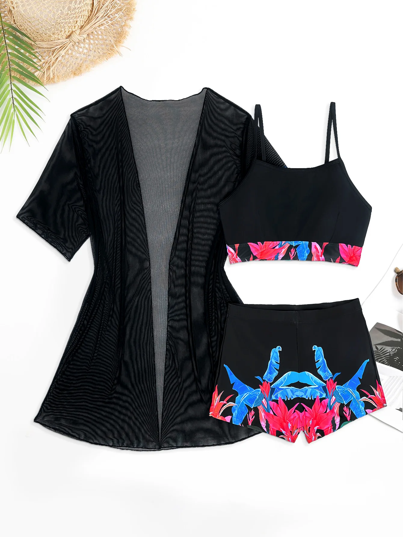 Cikini Summer Beach Ensemble bikini imprimé tropical avec kimono 3 pièces Maillot de bain pour femme