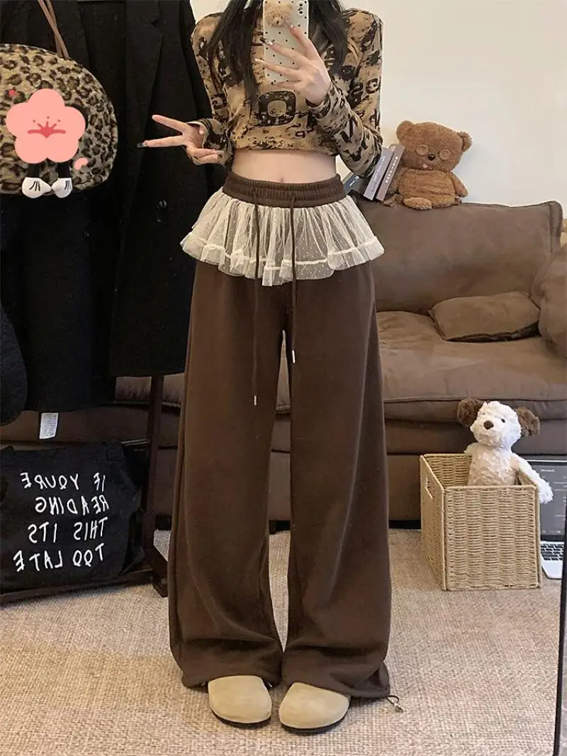 كسول الرياح السراويل النسائية نموذج جديد الدانتيل لينة الدنيم عارضة لصق الترفيه الشتاء عالية الخصر الرباط مزاجه السراويل فضفاضة