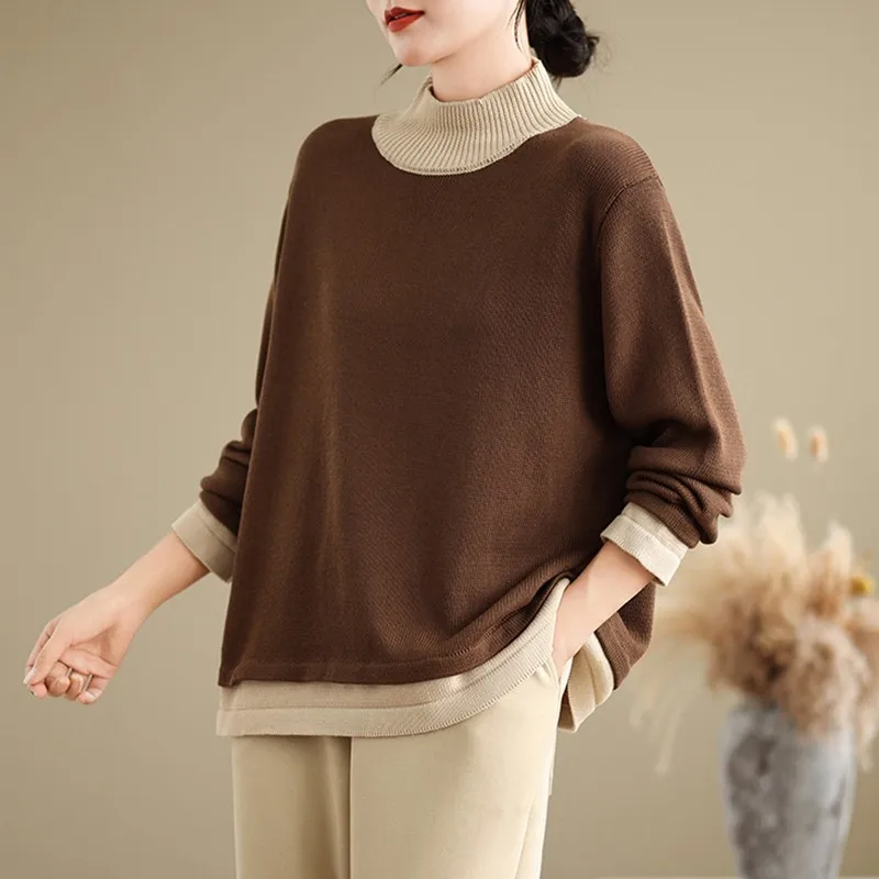 

Women Long Sleeve Casual Sweaters New 2024 Autumn Simple Style Patchwork Color Loose Female Basics Knitted Pullovers B2061