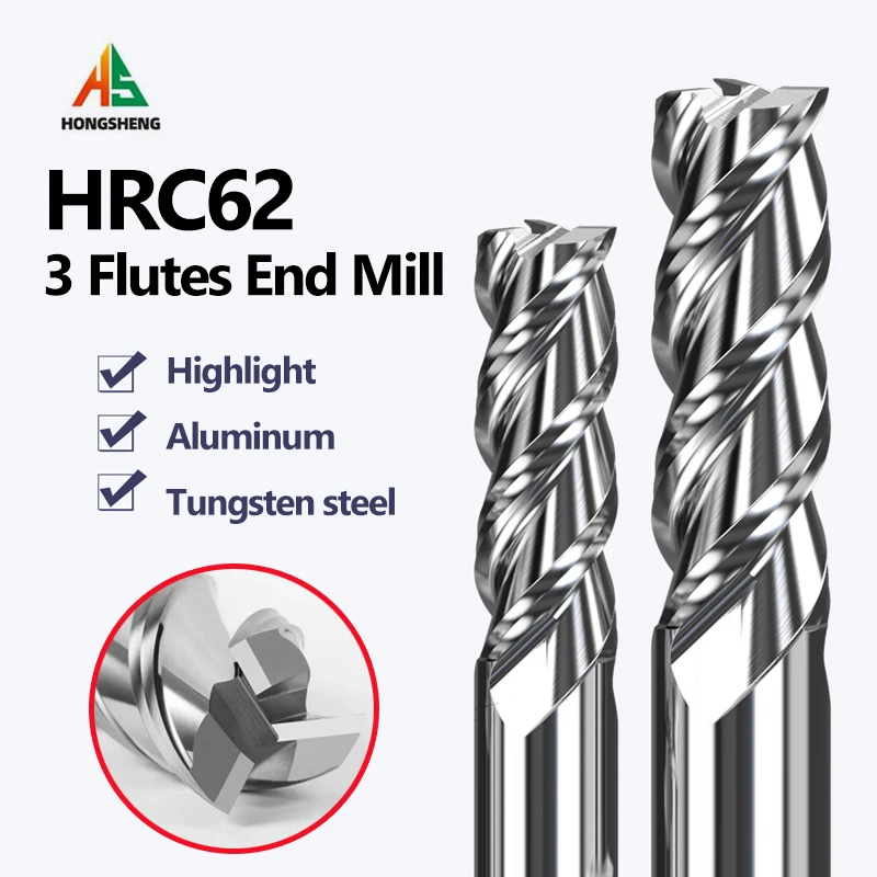 HRC62 3 Flute Carbide Milling Cutter Tungsten End Mill CNC Tool 1 4 6 8-20mm For Aluminum Fiberglass Acrylic Wood Copper Plastic