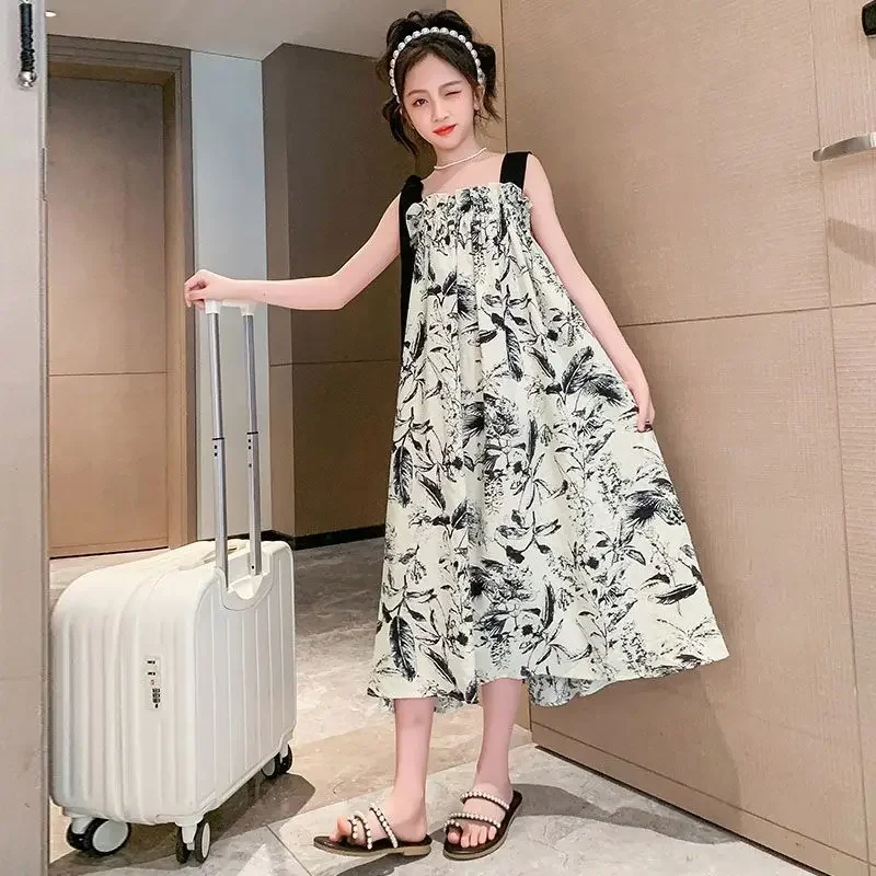 Girls Summer Sleeveless Suspender Dress Summer Party Kids Beach Long Chiffon Dresses Chinese Floral Print Skirt 4 6 14 Years Old