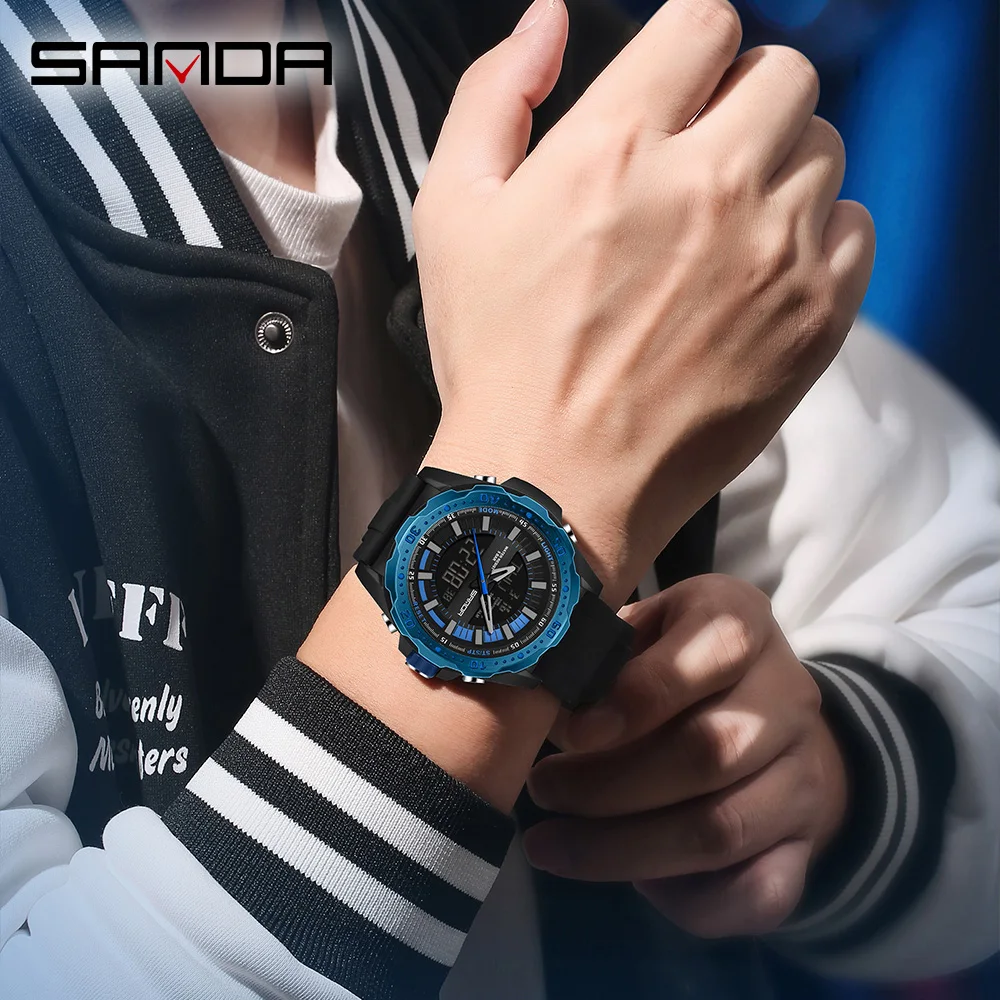 산다 신형 3373 학생용 전자시계 타이밍 알람 시계 스포츠 다기능 방수 LED 남성용 전자시계
