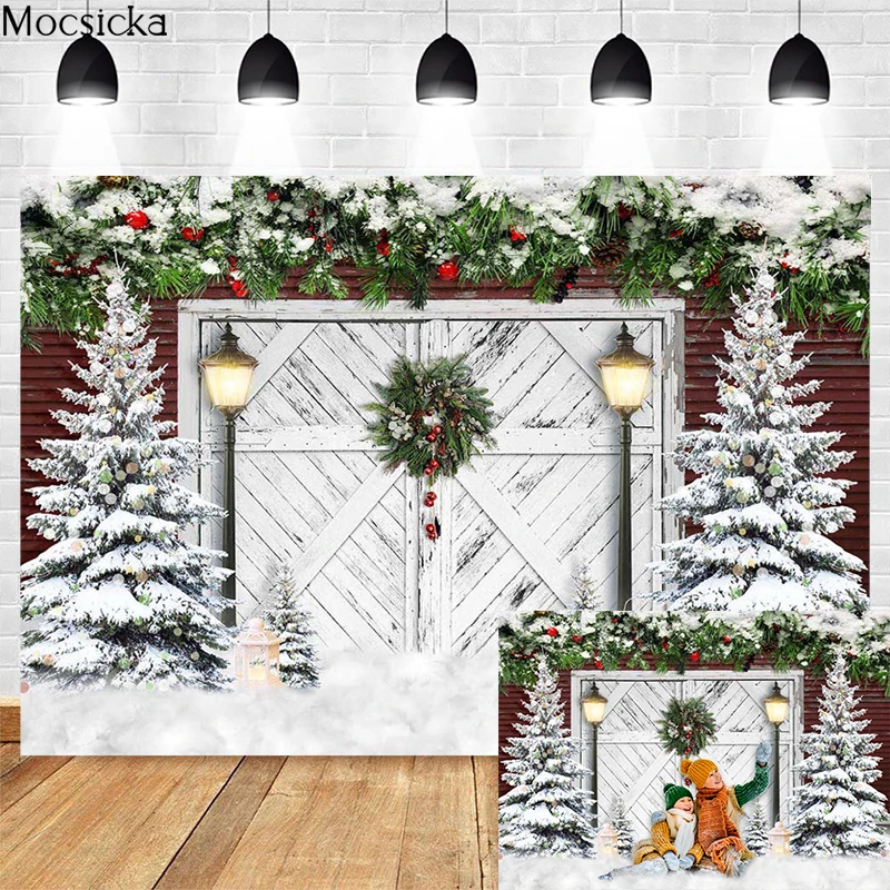 Mocsicka Christmas Background Photography Rustic Wooden Door Winter Christmas Tree Decoration Child Portrait Home Party Studio