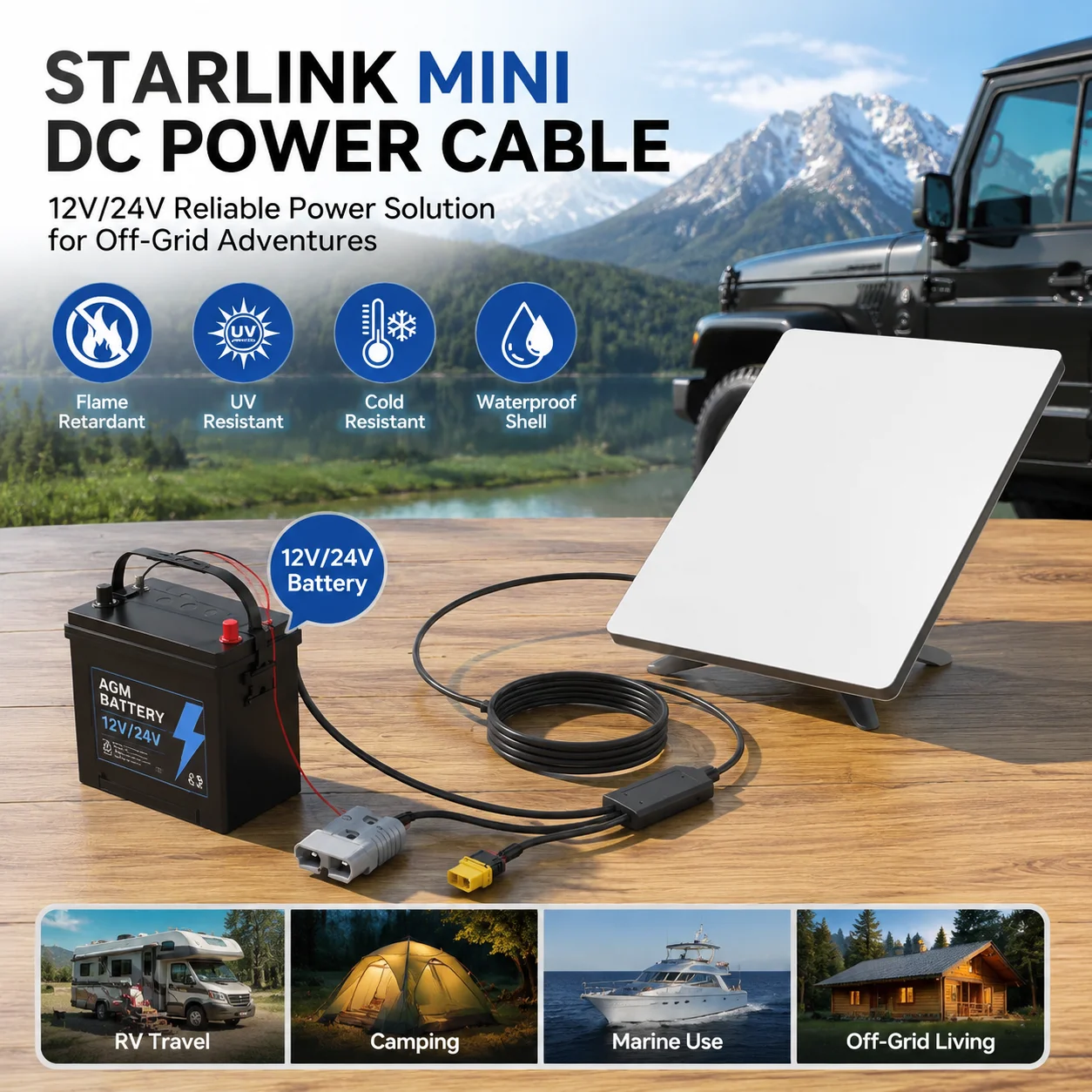 EDUP SK0183 3‑in‑1 Starlink Mini DC Power Cable 18AWG 12V‑48V with Anderson XT60 Spade Terminals Weatherproof for RV Outdoor Use