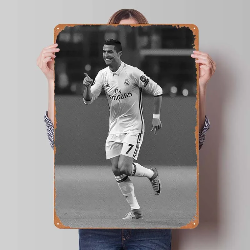 Ronaldo Black White Tinplate Sign Sports Poster Decoration for Home Decor Items Metal Sign Plaque for Wall Art Decoration Retro