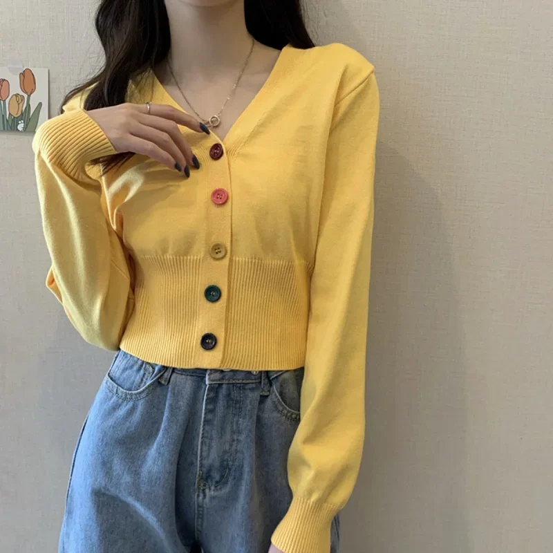 Autumn and Winter Little Fresh Colorful Buttons Younger Slim-Fit Slimming V-Collar Cardigan Long-Sleeved Sweater Top for Women