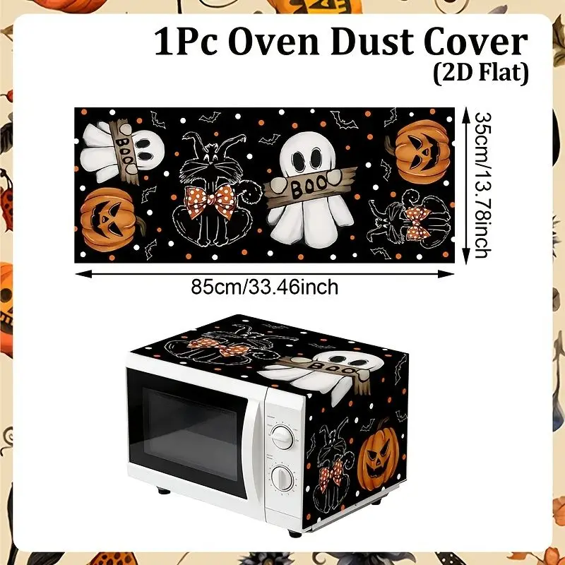 VIKAMA Microwave Oven Dust Cover Ghost Black Cat Pumpkin Print Kitchen Appliance Protector Halloween Home Decor