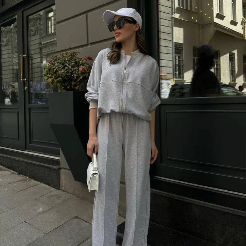 Vrouwen Sweatsuit Set Vintage O-hals Rits Bomberjacks Hoge Taille Losse Broek Pak Vrouwelijke 2025, Lente Mode Dame Sportkleding