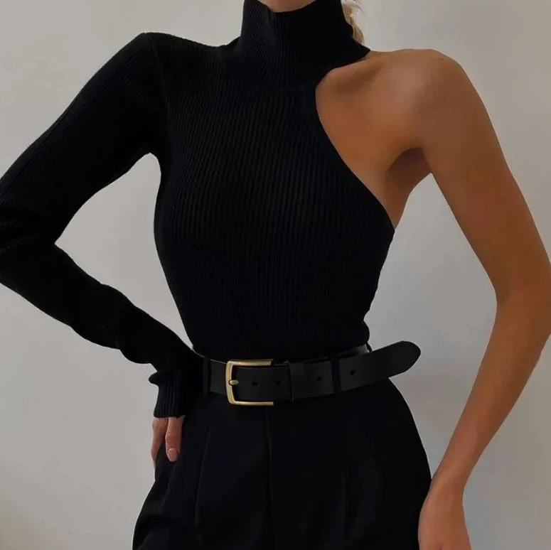 

Sexy Bodysuits Women One Shoulder Long Sleeve Playsuit Solid Color Ribbed Half High Collar High Waisted Jumpsuit Elegant Trendy