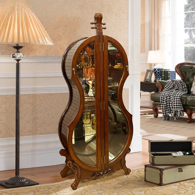 

Cello wine cabinet solid wood carving flower double-sided glass living room display cabinet household European display cabinet