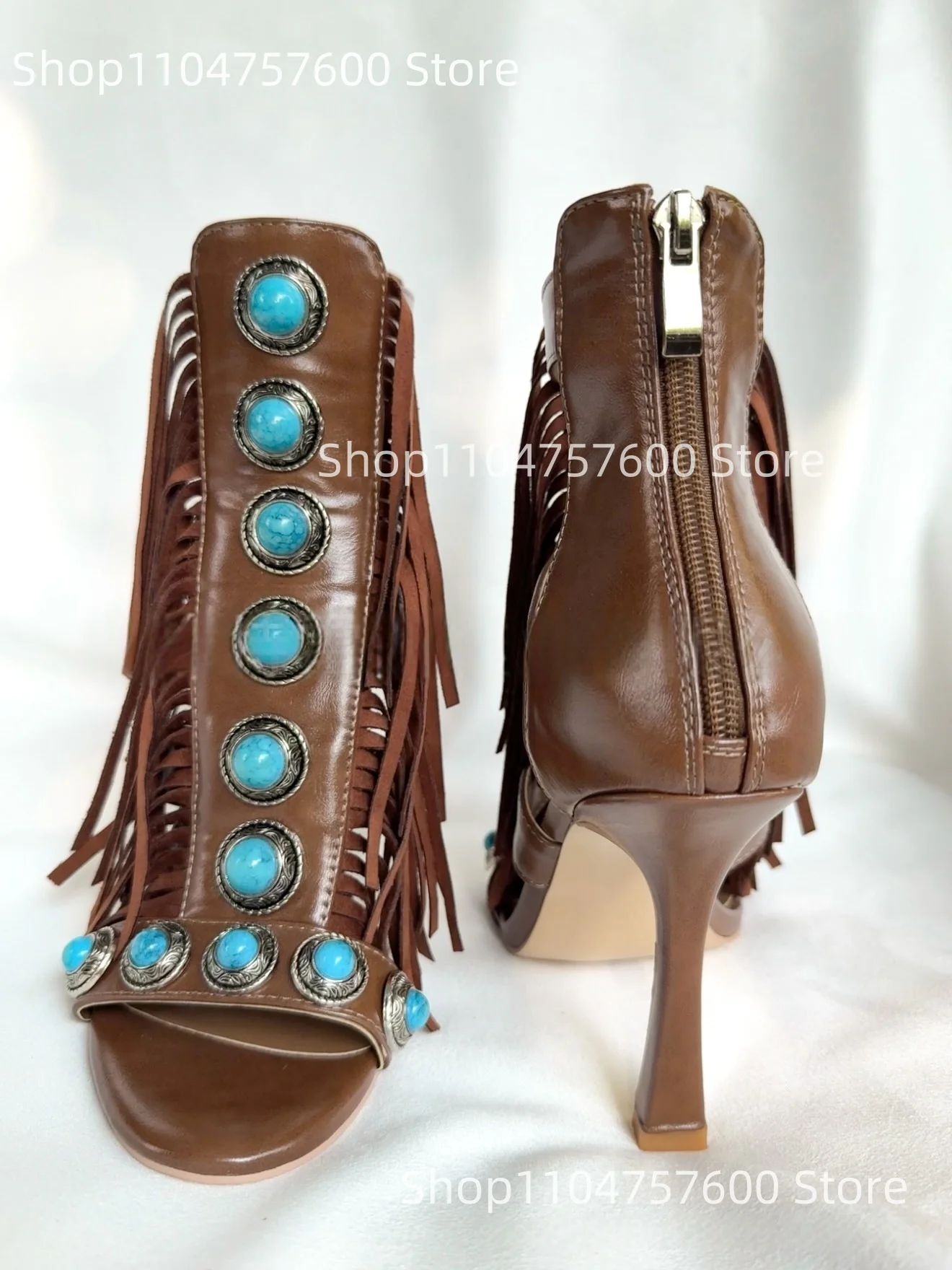 2025 New Retro Fashion Women's Covered Heel Open Toe Sandals Zipper Round Toe Hollow Tassel Hollow Cross Strap Ladies High Heels