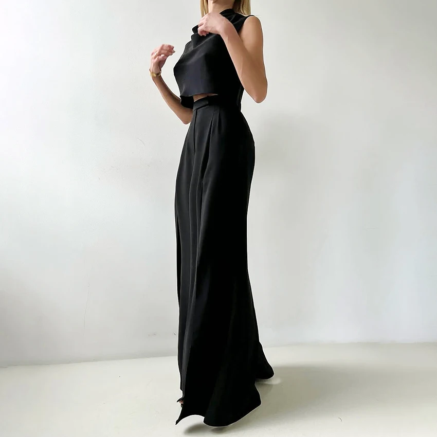 

Linad Office Pile Collar Tank Top And High Waist Split Long Skirts 2 Piece Sets Women Summer Elegant Straight Skirts 2025 Brown