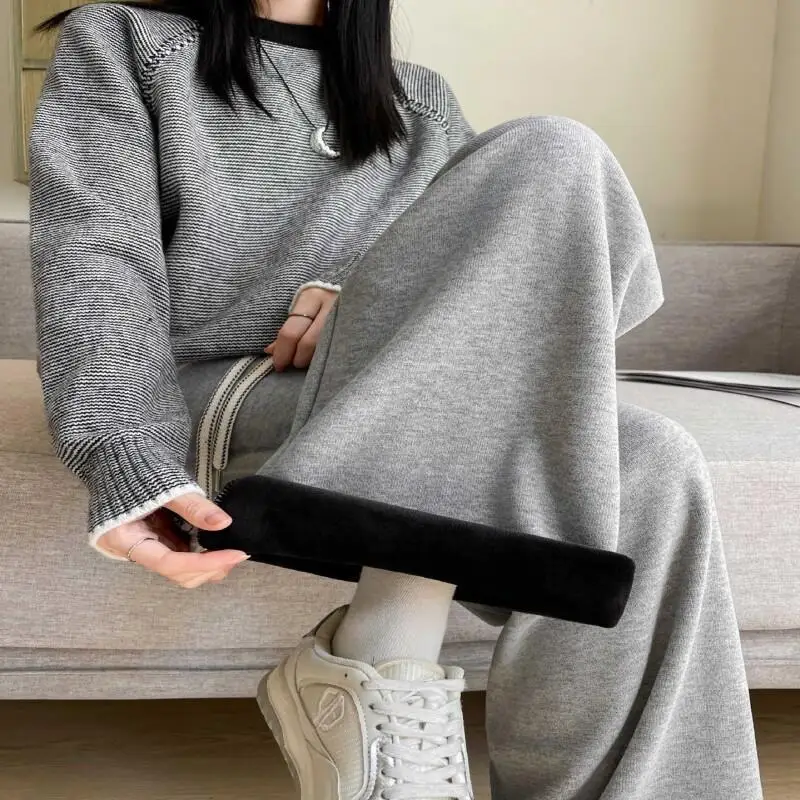 

Женские свободные расклешенные брюки с высокой талией, зимние толстые прямые повседневные брюки на флисовой подкладке, удобные теплые широкие брюки