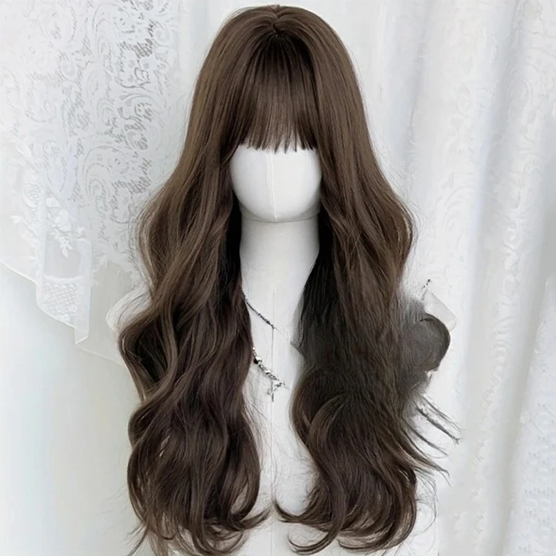 

Wig Women's Fashion Honey Brown Qi Bangs Long Curly Hair Simulation Scalp Daily Full Head Wig