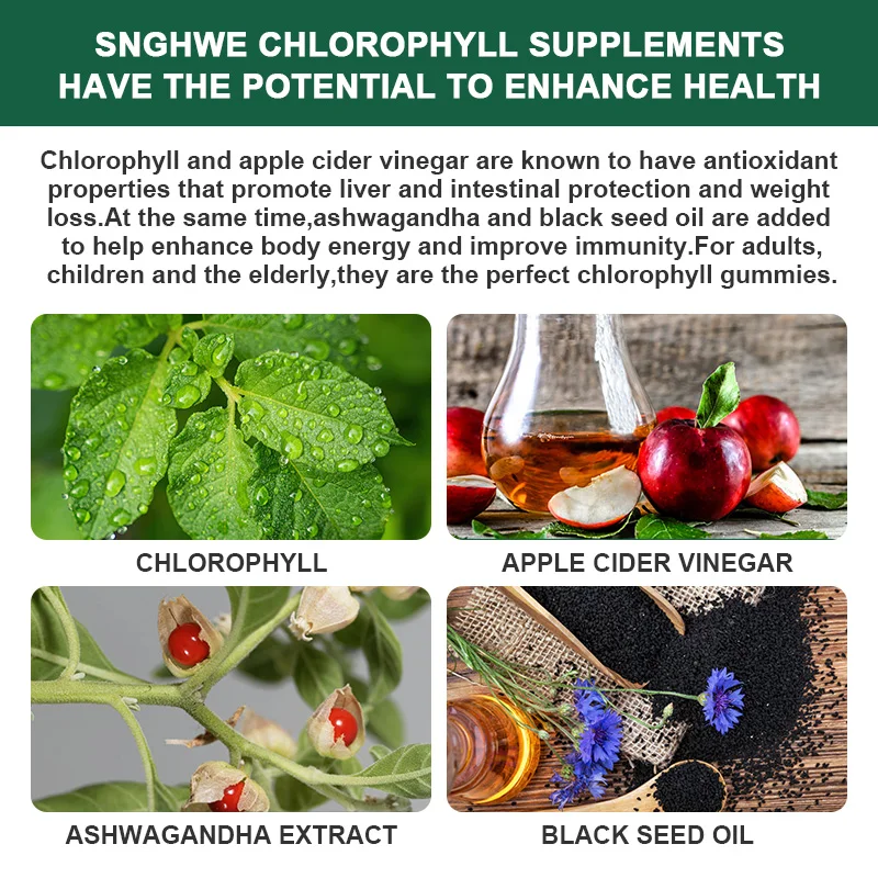 Chlorophyll Gummies-with ACV, Vitamin D3, C, E, B12 - Skin Internal Natural Deodorant, Energy Boost, Immune&Digestion Support