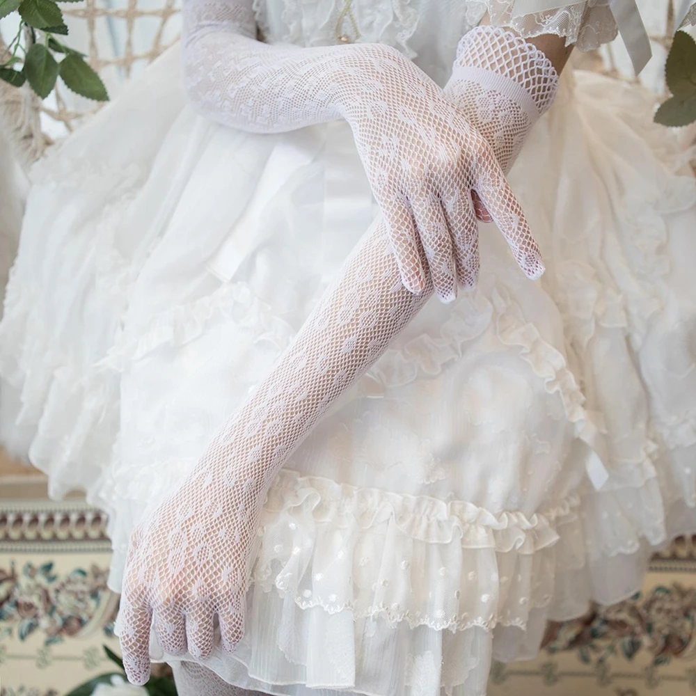 

Готические черные сетчатые перчатки-митенки с кружевом для защиты от солнца, длинные перчатки в стиле Лолита с точками, рукава-накладки на руки