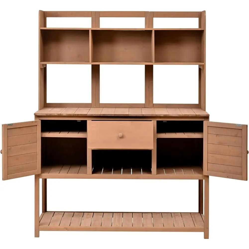 Banc d'empotage de patio élégant en bois avec clapier, tiroir et étagères réglables pour le jardinage extérieur (marron)