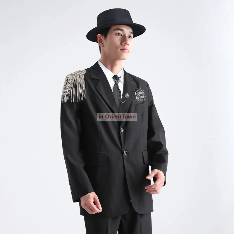 American Vintage Rhinestone Street Dance Coat Standard Arena Popping Top Suit Men Locking Overcoat Long Length Hiphop Garment