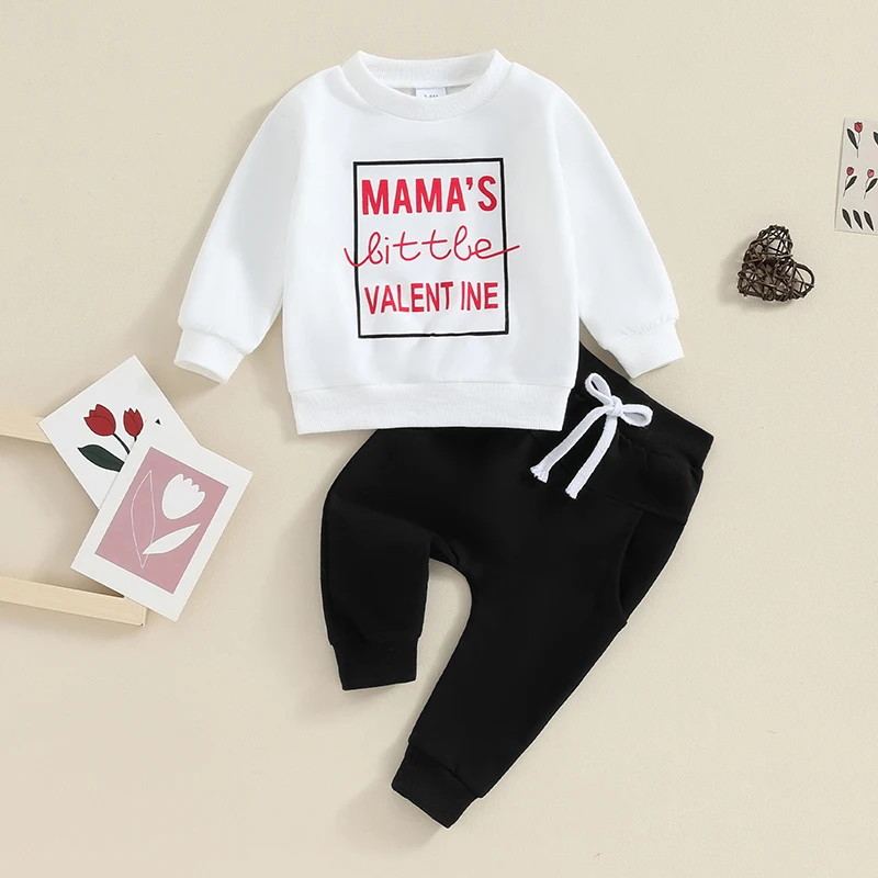 Toddler Boys Valentine's Day Sets Long Sleeve Letter Print Pullover Tops and Black Drawstring Pants Sets 3Months-3Years