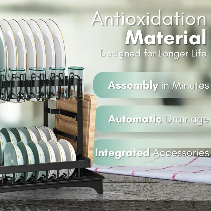 AT69 -Kitchen Dish Rack In Modern Simple Iron Wire Design-Dual Layer With Utensil Holder, Cutting Board Stand, And Draining Tray