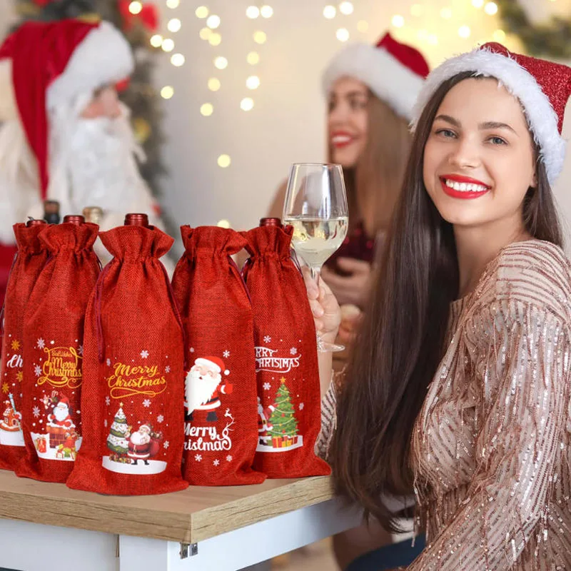 20pcs/lot 15*35cm (5.9*13.8in) Burlap Linen Bag Wine Champagne Bottle Packaging Bags Christmas Gift Drawstring Pouches
