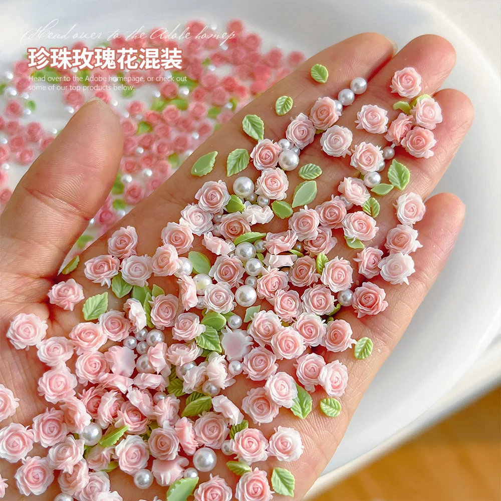 

50pcs 3D Mixed Size Pearl Resin Flower Rose Nail Charms Accessories Pink Rose Red Nail Art Luxury Decoratons Supplies Parts DY