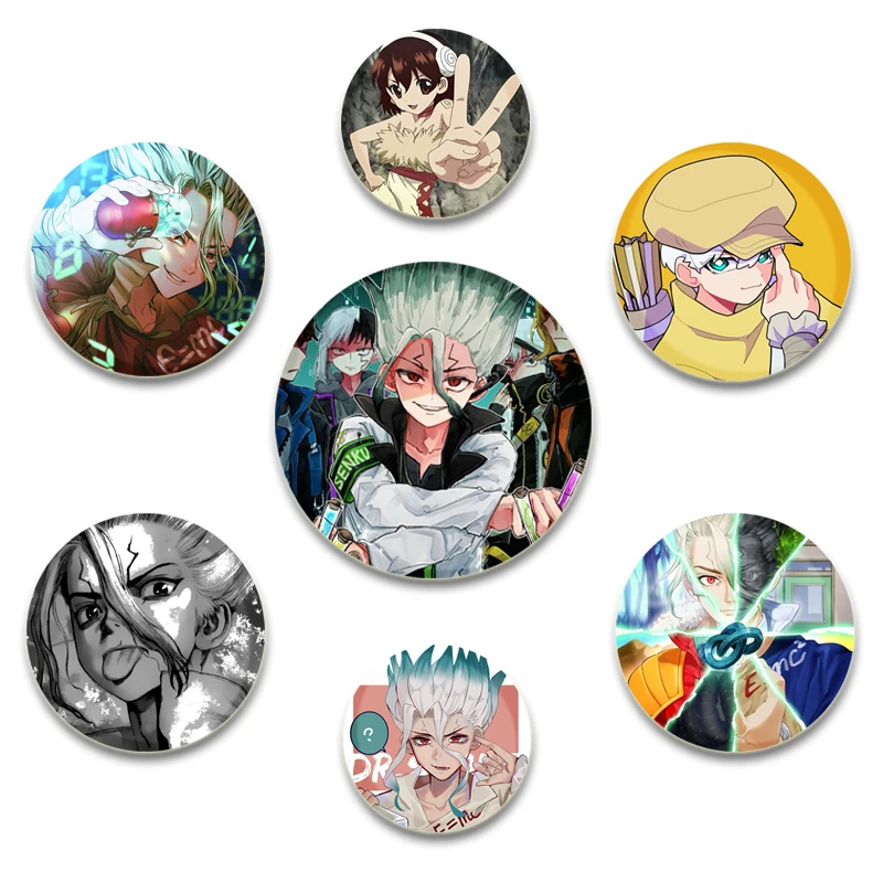 Pins Redondos de Personajes de Anime Dr.STONE de 58/44/32 mm, Botones de Dibujos Animados, Broches para Decoración de Ropa, Accesorios de Joyería, Regalos