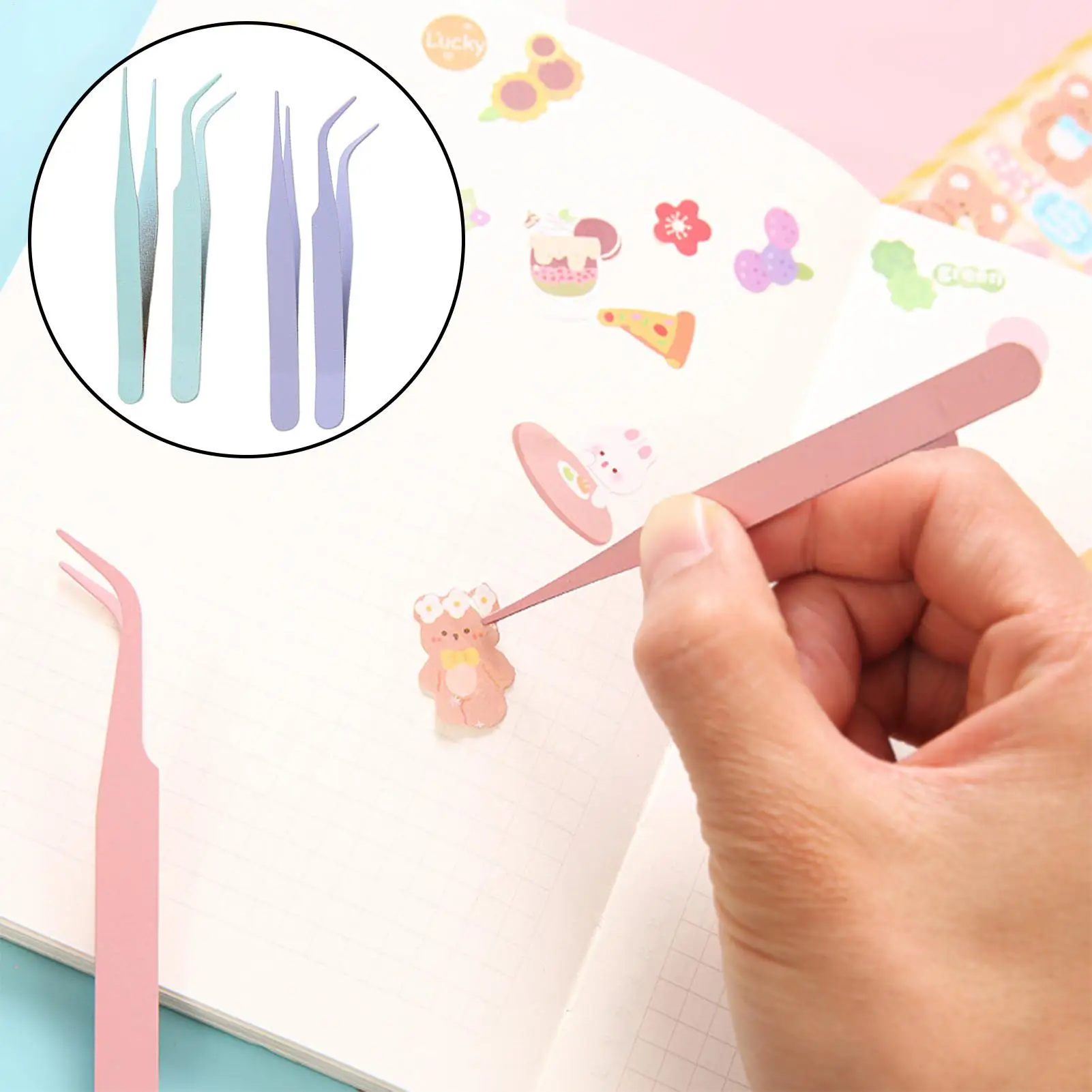 Scrapbook Tweezers 2Pcs/set Stainless Steel DIY Crafting Lashes Stickers Colorful Straight and Curved Tips Eyelash Tweezers