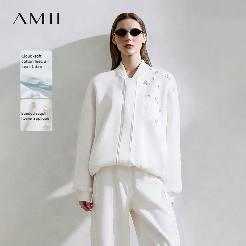 Amii Women's Spring Jacket with Beaded Flowers and Zipper