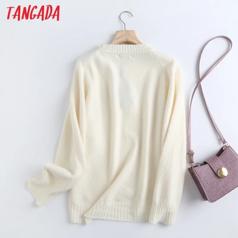 Tangada Frauen Mode elegante beige Strick pullover Pullover o Hals weibliche übergroße Pullover schicke Tops 6 d24