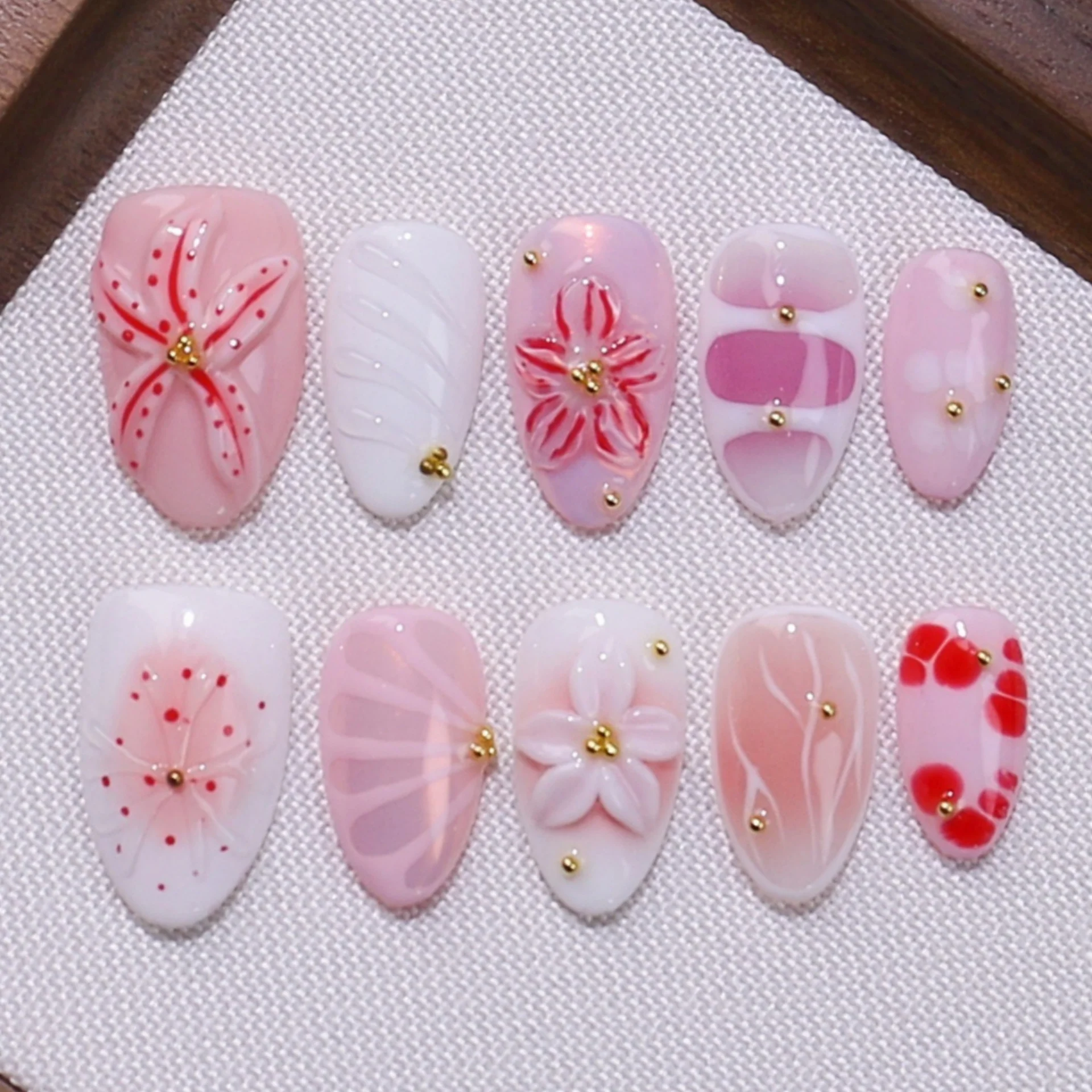 10 قطعة الوردي اليدوية رسومات أظافر صناعية عين القط الفرنسية قصيرة البيضاوي وهمية مسمار نصائح القوس الكرز تصميم اضغط على الأظافر مجموعات قابلة لإعادة الاستخدام #2