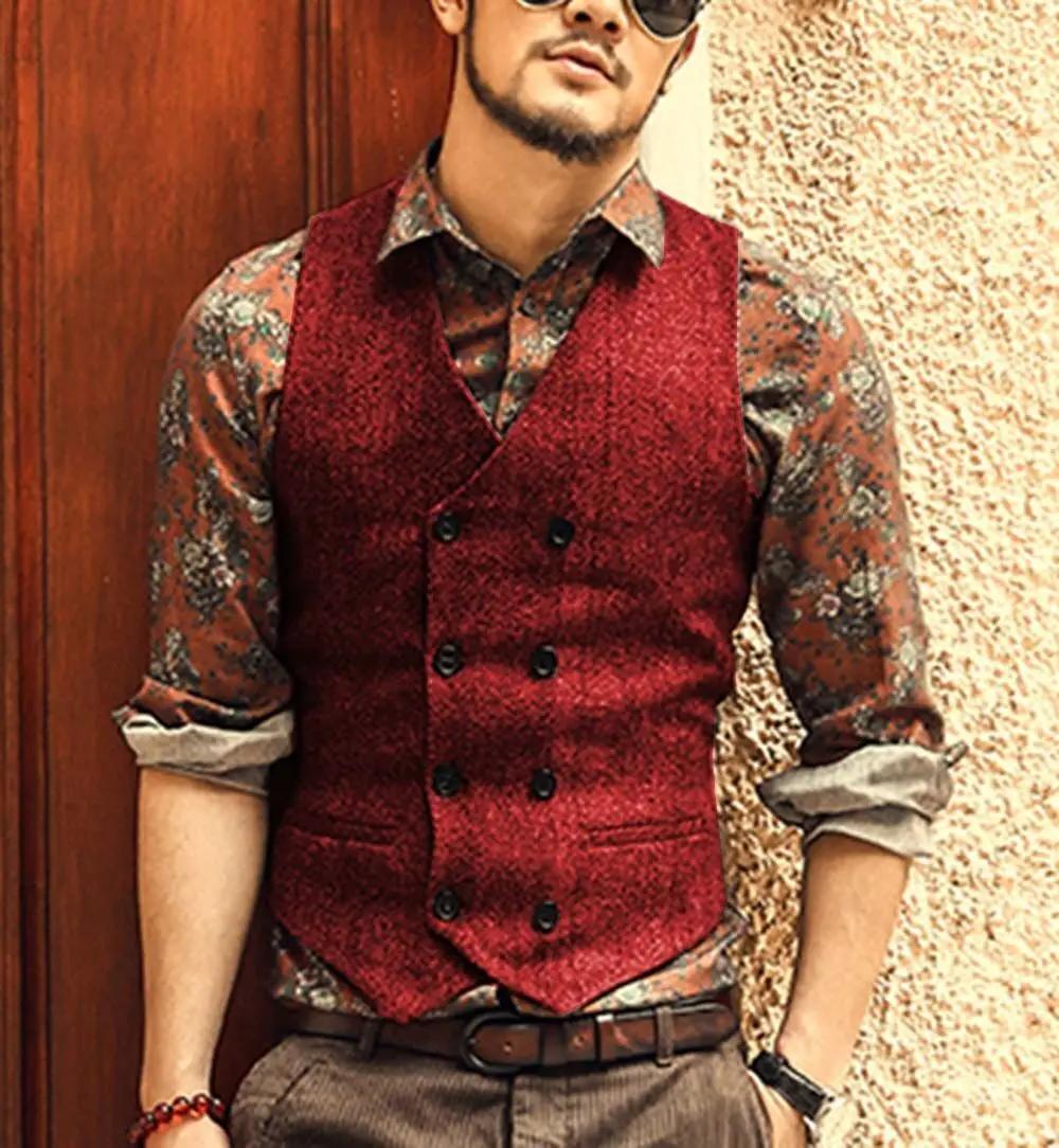 Lansboter Men Vest Brown Classic Cotton Blended Double Button Slim Fit Formal Suit Waistcoat For Wedding Party Prom Suit Vests