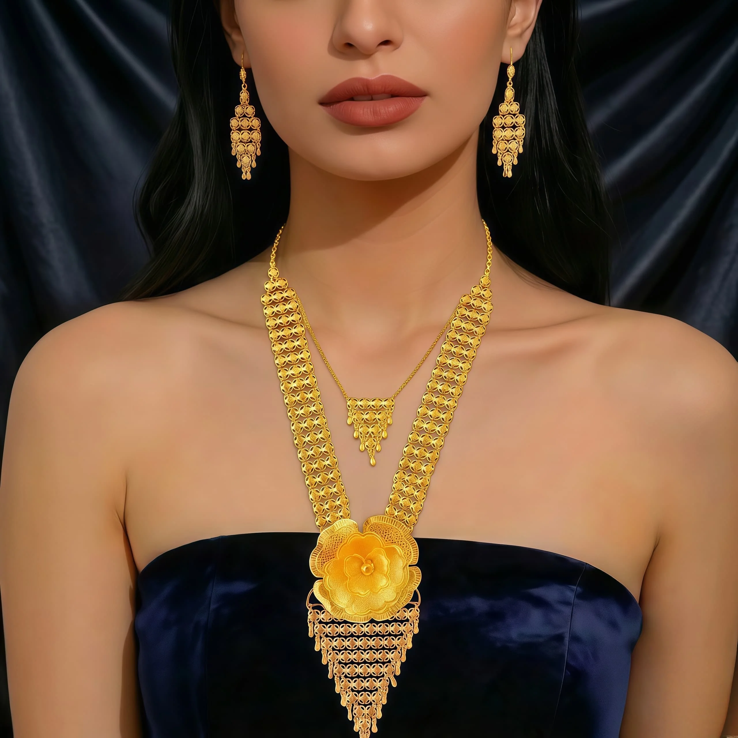 Luxury Dubai Long Flower Necklace and Earrings Set