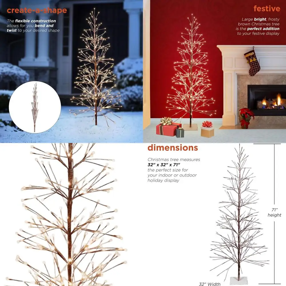 

71 Flocked Brown Artificial Christmas Tree with 296 Warm White LEDs, Versatile Indoor/Outdoor Holiday Decor