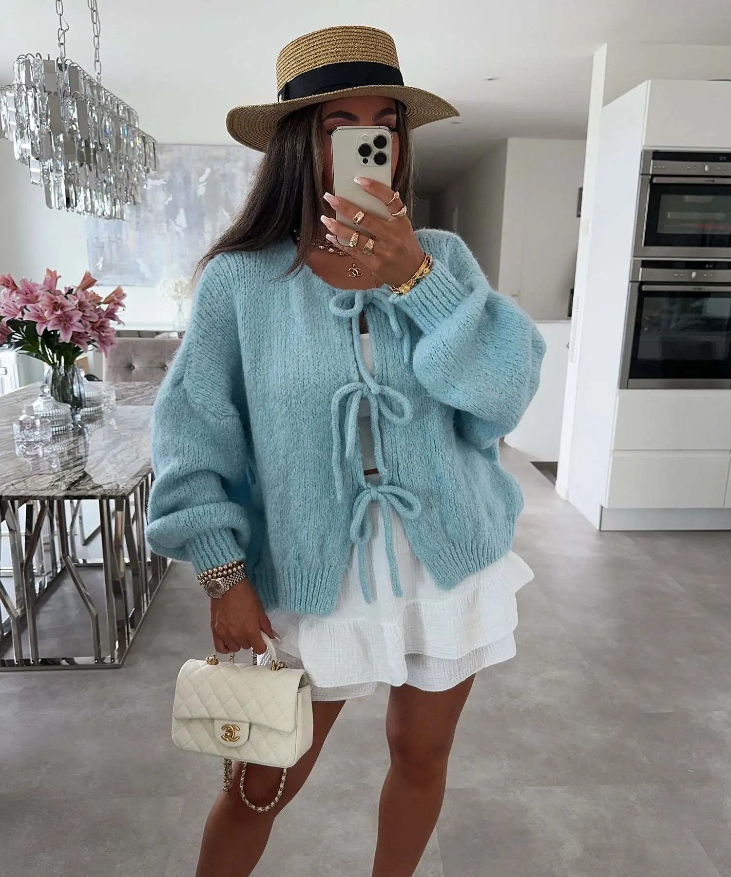 

Autumn Warm Long Sleeved Sweater Lady Elegant Wool Long Sleeved Knitted Cardigan 2024 Casual Commuting Bow Tie-up Solid Sweater