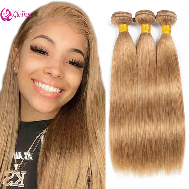 Gold Straight Human Hair Bundles 12-26 Inch Double Weft Brazilian Virgin Remy Hair Extensions Weave Color 27 100G/PC