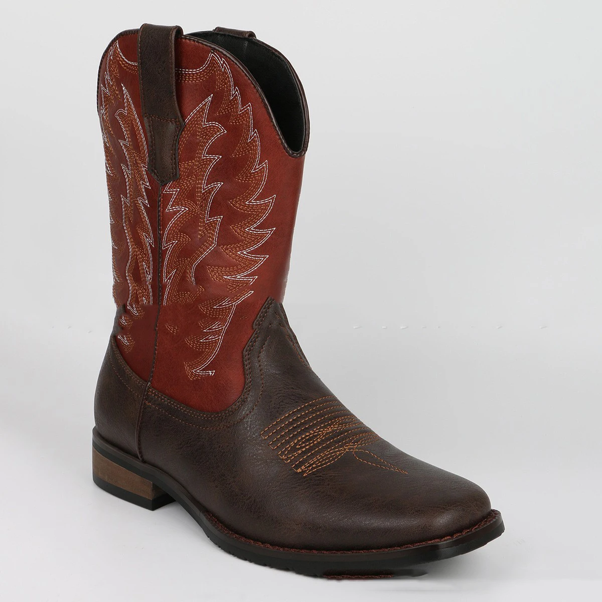 Men's Brown Western Cowboy Boots Embroidered Detail Block Heel Rugged Casual for Autumn/winter Rodeo Events Daily Outdoor Looks