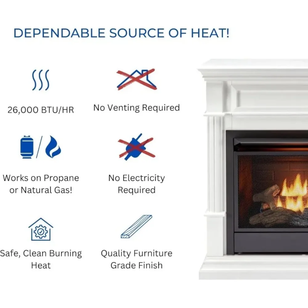 مدفأة غاز مزدوجة الوقود بدون فتحات مع عباءة، جهاز تحكم عن بعد، 5 سجلات، 26,000 وحدة حرارية بريطانية، تسخين 1350 قدم مربع